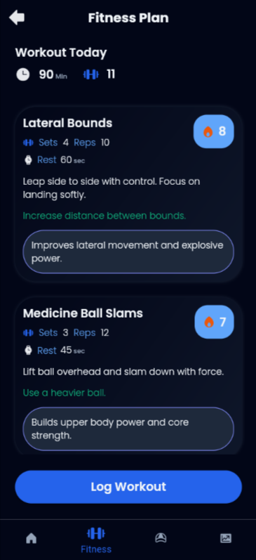 Sports Fitness App training plan screen for runners and football players