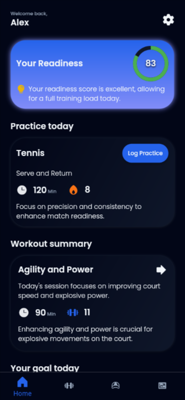 Sports Fitness App home screen showing daily training plan